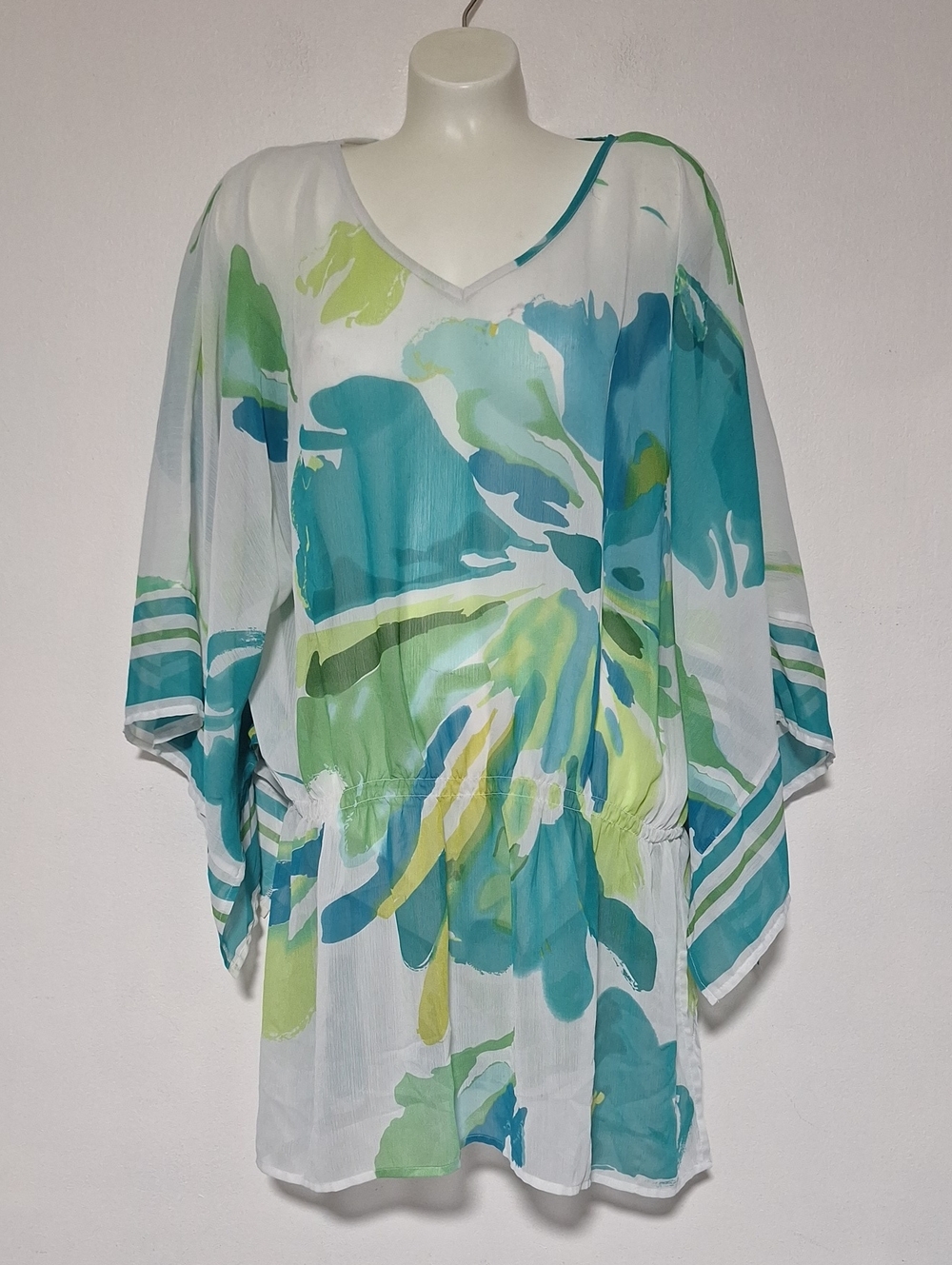 Ashley Stewart Semi Sheer White Teal Green Floral Print Top Blouse Cover Up